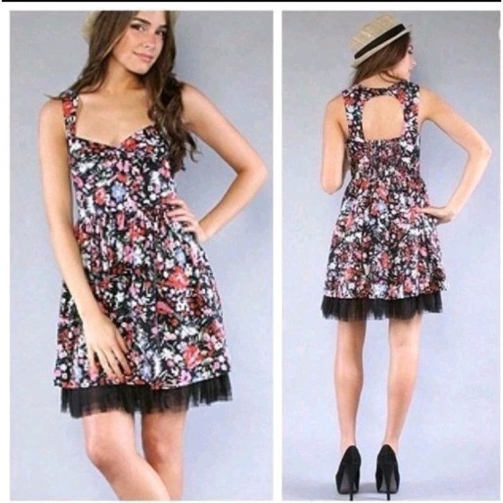 Rare Free People Rockabilly Sunkissed Summer Floral Black Cutout Mini Dress 2